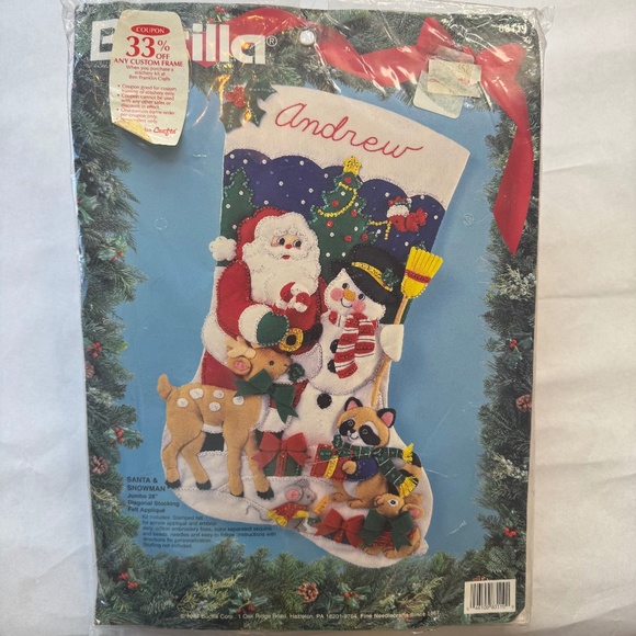 VTG 1994 Bucilla 83119 Needle Craft CHRISTMAS STOCKING SANTA FROSTY SNOWMAN 28" - Picture 1 of 7